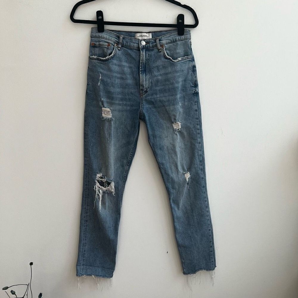 Zara Woman Lightly Distress Tapered Denim Jeans In Blue Size 4